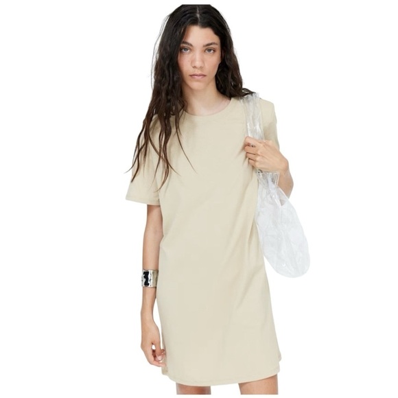 Divided H&M Women T Shirt Dress 100% Cotton Shoulder Pads Beige Dress Size XL - Picture 1 of 8